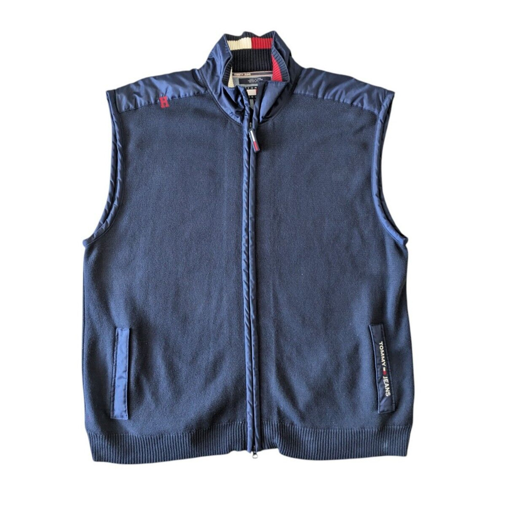 Vintage Tommy Jeans Navy Blue Knit Sweater Full Zip Vest Sz XXL Cotton Hilfiger